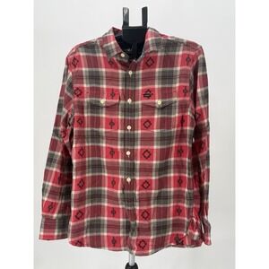 NWT True Grit Red Plaid Flannel Shirt Men M Western Aztec Print Button Up Casual
